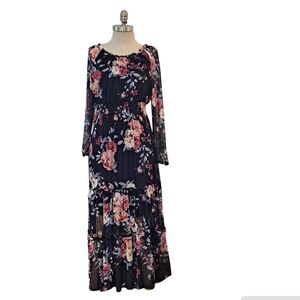 En Focus Studio Floral Dress Long Sleeve Maxi Navy Size 8